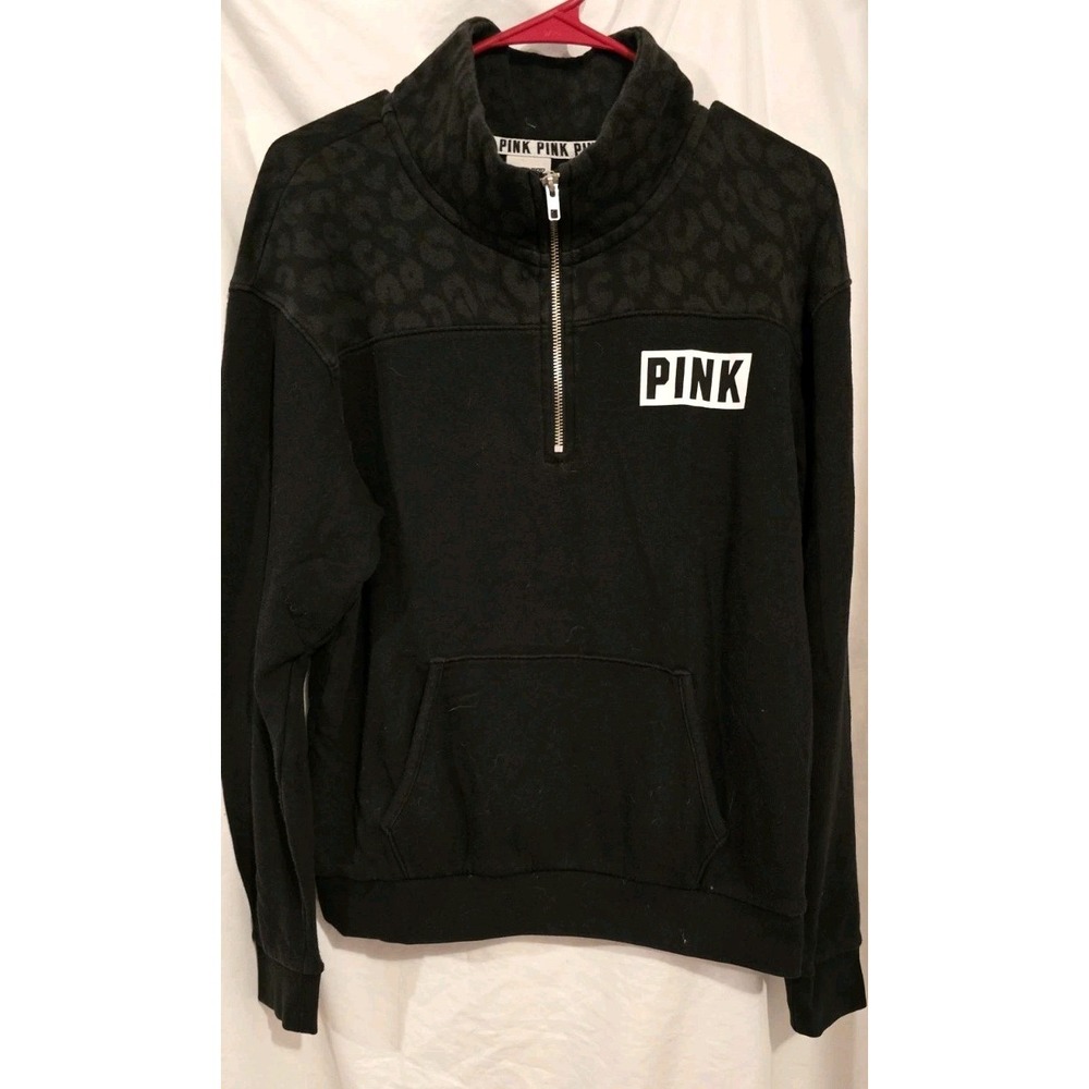 PINK Women Sweatshirt M  Black Logo‎ Spellout Animal 1/4 Zip Long Sleeve , REAR